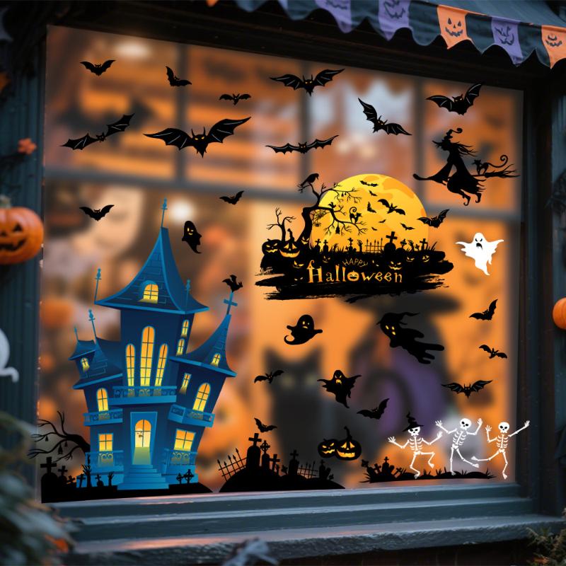 Halloween Window Sticker Pumpkin Witch Bat Castle Pattern Wall Stickers Halloween Decals