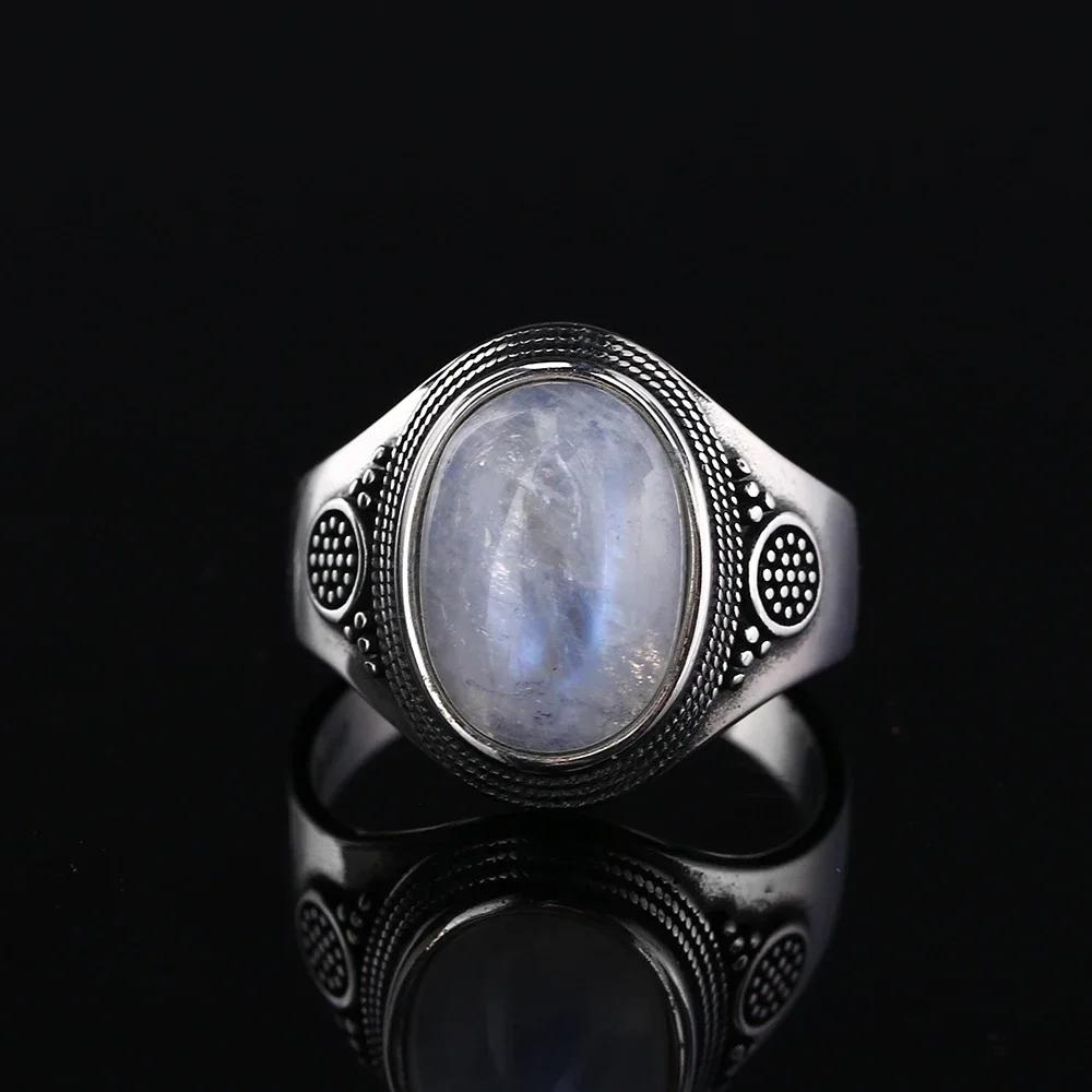 Vintage 925 Sterling Silver Natural Moonstone Rings Bohemia Oval Shape Retro Ring Gifts Fine Jewelry for Women Men