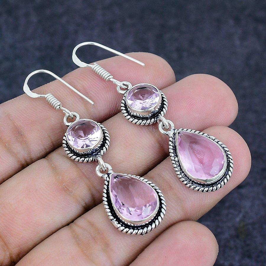 Natural Pink Kunzite Gemstone Handmade 925 Sterling Silver Earring 2.17" K2v66