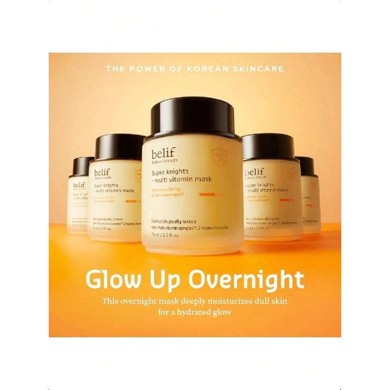 Belif Super Knights Mascarilla Multivitamínica 75ml, Mascarilla de Noche Hidratante y Rejuvenecedora con Complejo Multivitamínico para Rellenar la Piel Apagada y Refinar