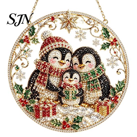 Festive Indoor Winter Ornament Christmas Faux Diamond Art Kit, Santa Angel Sun Catcher DIY Acrylic Sparkling Holiday Home Decor Round