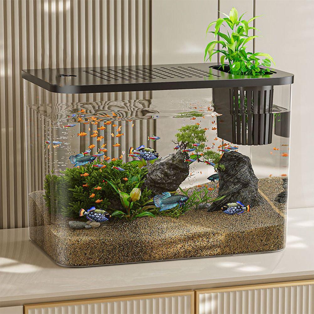 Small Fish Tank with Lid Betta Aquarium Tank Creative Hydroponic Fish Bowls  For Home Decorative