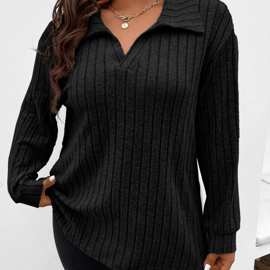 Jesień/Zima 2023 Top z dekoltem w serek, prążkowany, z długim rękawem, w dużych rozmiarach dla kobiet