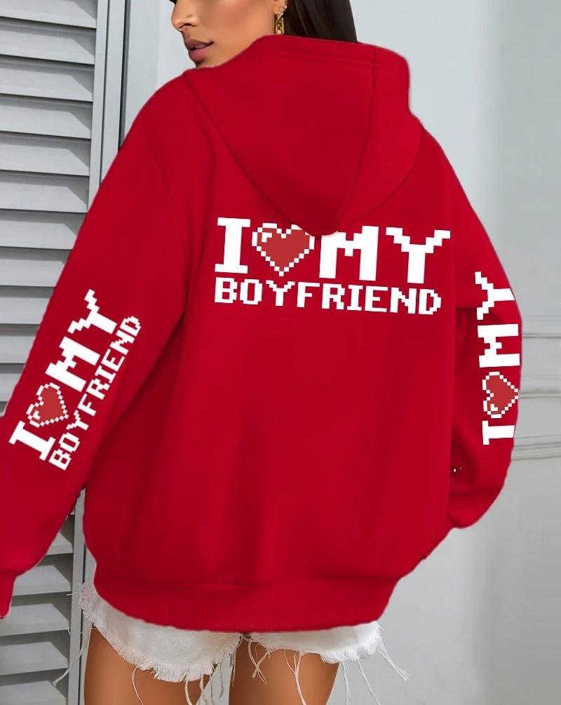 I Love My Boyfriend Printed, Women'S Hoodie Fall Loose Casual Pocket Fleece Pullover