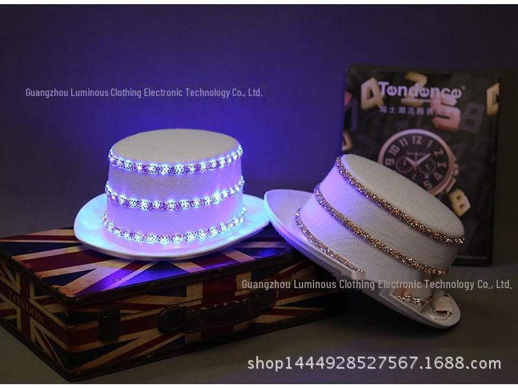 LED Jazz Hat with Diamonds: High-Brightness White Light Top Hat for Dance Parties, KTV, and Bars, Battery Operated