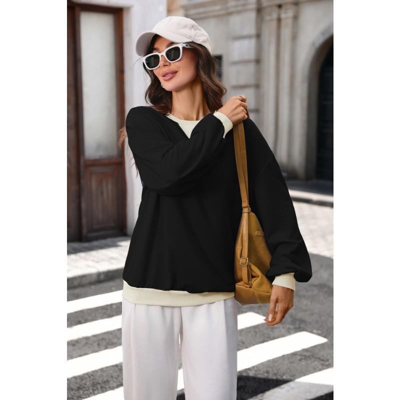 Women Loose Color Block Crew Neck Long Sleeve Casual Pullover Sweatshirt
