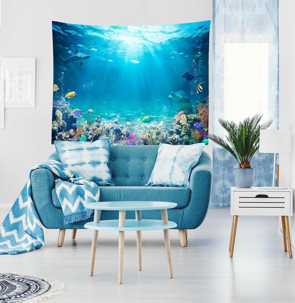 Underwater World Tapestry Blue Ocean Wall Hanging Under The Sea Coral Reef Wall Tapestry Tropical Fish Tank Undersea Tapestries