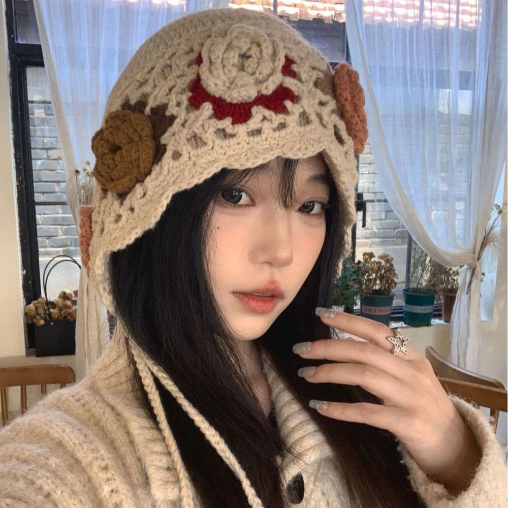 Hollow Out Crochet Knitted Hat Tassels Knit Cap Vintage Ethnic Style Hat  Girls