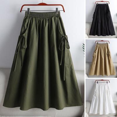 Cargo Skirt with Elastic Waist Side Pockets Solid Color A-Line Loose Fit Midi Skirt Workwear Style Drawstring Skirt