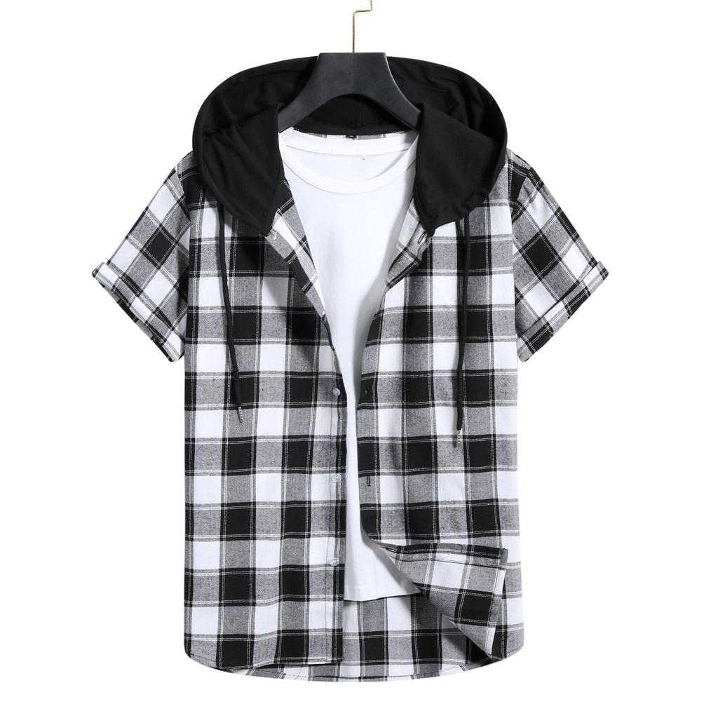 Camisa de manga corta con capucha Camisa casual para hombre a cuadros  comprar a buen precio — entrega gratuita, reseñas reales con fotos — Joom