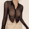 2023 Women Shirt See-through Mesh Blouses Long Sleeve Turn-down Collar Irregular Club Party Tops Daily Wear