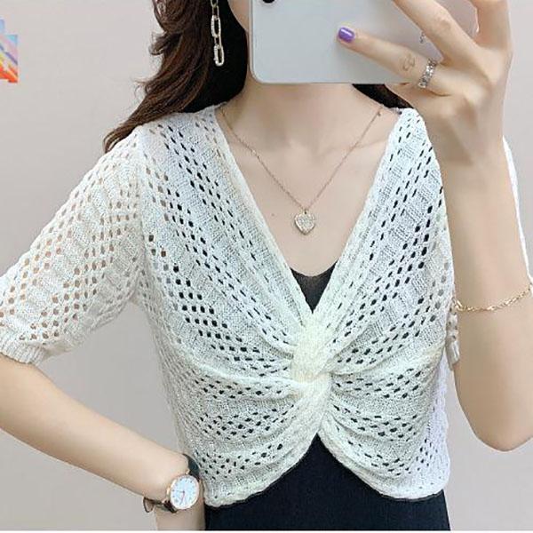 

Полый вязаный свитер с короткими рукавами, женская короткая блузка-летучая мышь, тонкий свободный топ с v-образным вырезом, летняя одежда для защиты от солнца S белый