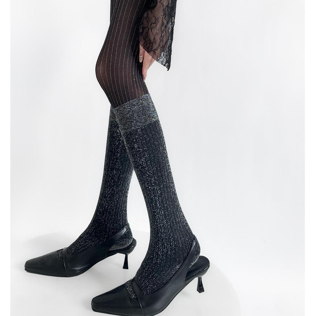 Autumn/Winter Silver Thread High-End Black Striped Leggings with Grey Layered Spicy Girl Stockings