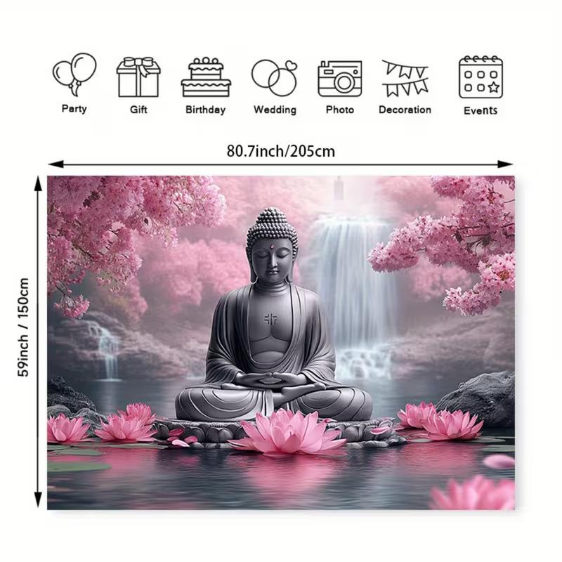 2D Zen Buddha Tapestry Cherry Blossom Waterfall Backdrop Cloth for Living Room