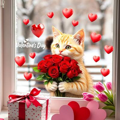 Valentine's Day Cat Window Cat Holding Double-Sided PVC Stickers Rose Bouquet Clings Cute Large Glass Decals