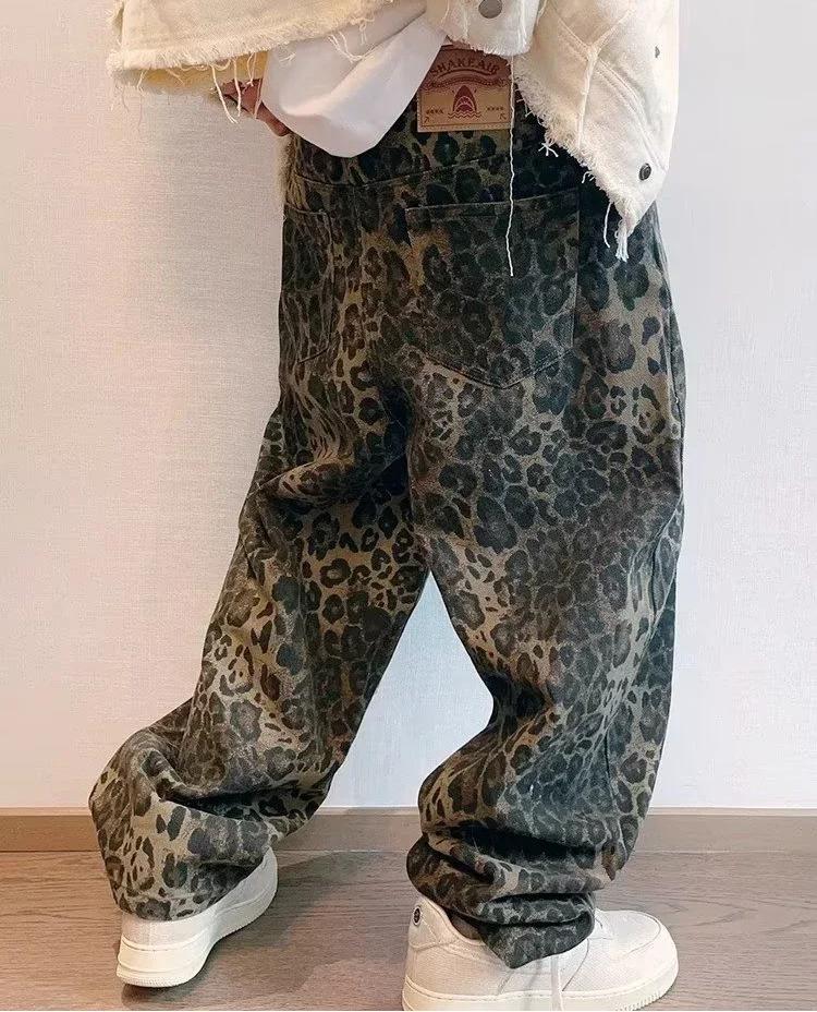 Unisex Tan Leopard Jeans Denim Pants Women Oversize Wide Leg Trousers Streetwear Hip Hop Vintage Loose Casual Animal Print