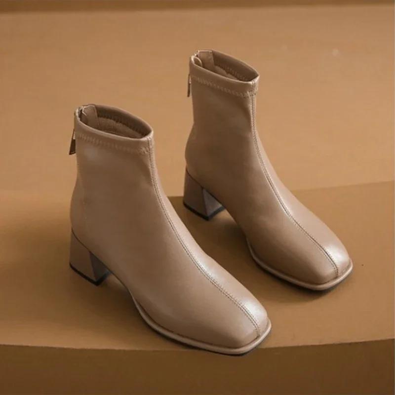 2024 Winter New British Style Back Zipper Fashion Boots Women's Rough Heel Leather Suede Versatile Short Boots Women 35-40