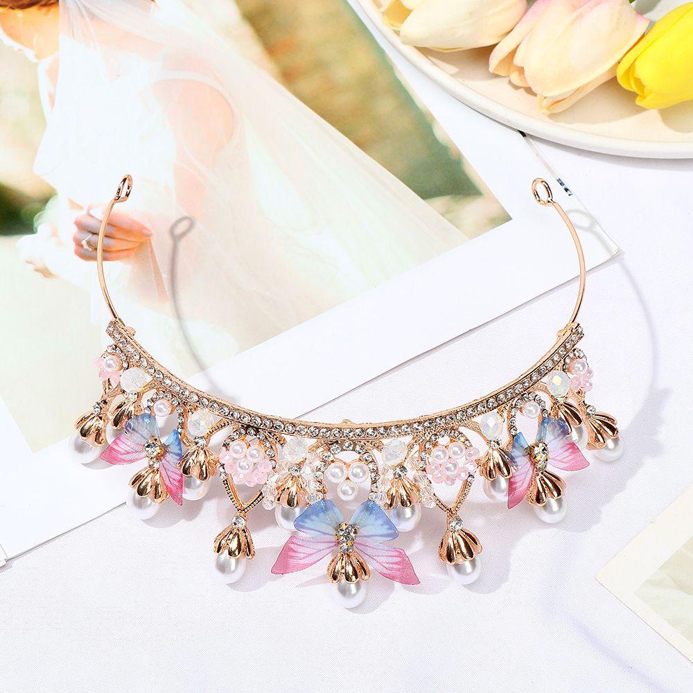 Crystal Wedding Birthday Rhinestone Tiara Tiaras for Girls Pearl Headband Princess Crown Butterfly