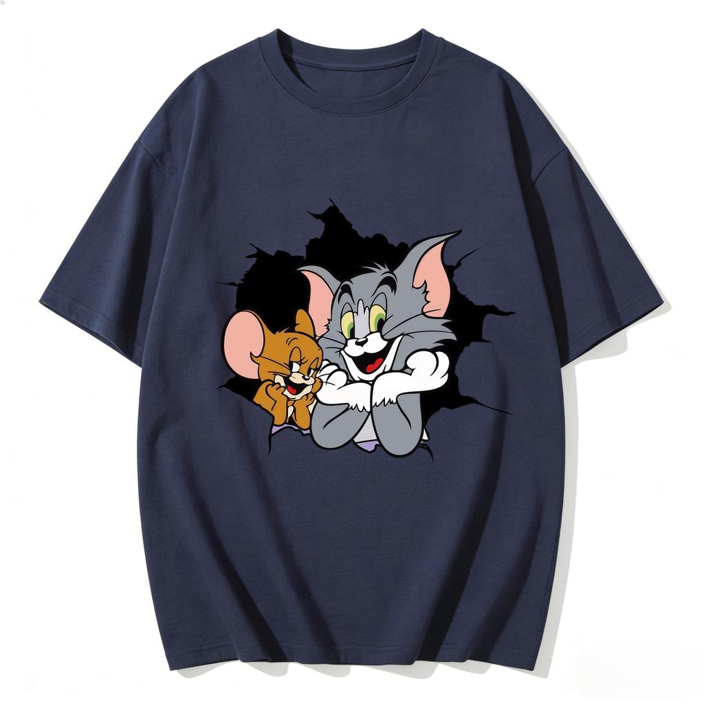 2026 New Tom Jerry Print Tshirt Casual Loose Couple Family Matching Outfits Short Sleeve Cotton Tee Summer Streetwear Tops Y2k