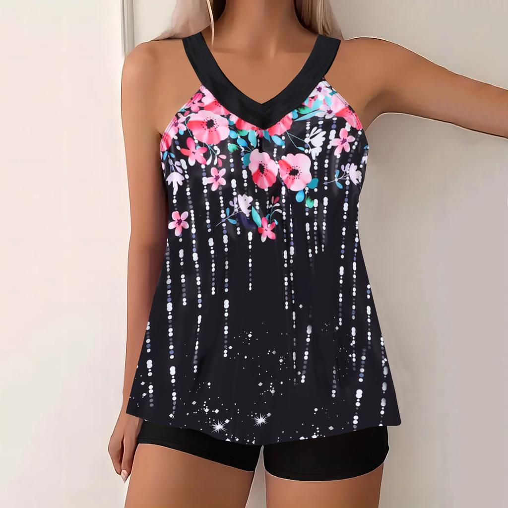 Women's Swimwear Tankini 2 Piece Swimsuit Green Pattern Print Vacation Bathing Suits