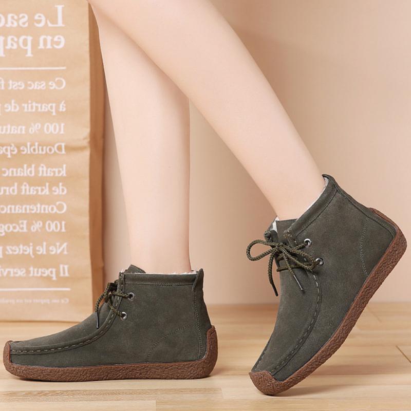 Plush Warm Women Short Boots Retro Cow Suede Flats Casual Walking Shoes Winter Snow Boots Soft-soled Mother Shoes