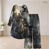 Women Plus Size Navy Blue Printed Round Neck Long Sleeve High Low Top Wide Leg Pants Two Piece Set