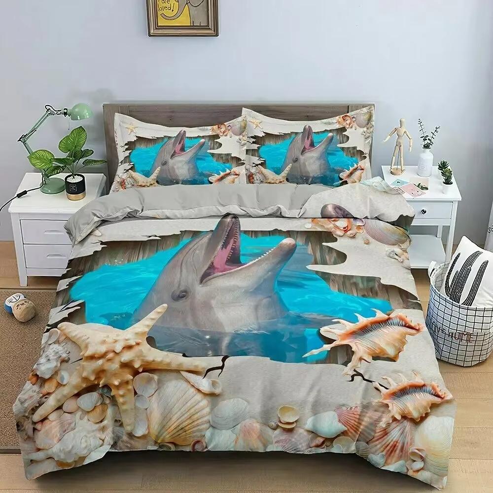 3D Animal Dolphin Duvet Cover Queen King Blue Ocean Bedding Set 3 Piece Set Kids Adult Room Decor With 2 Pillowcases No Quilt