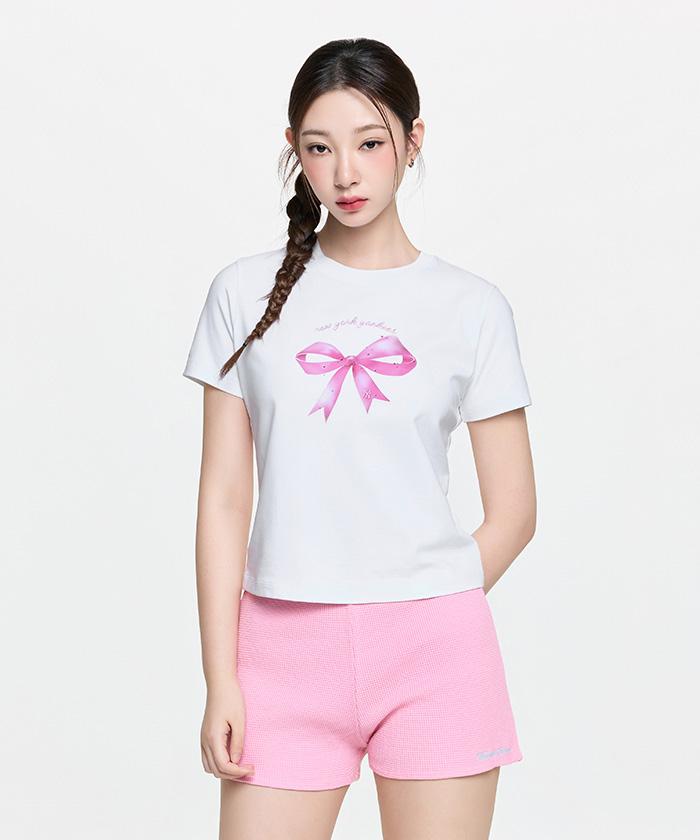 Emelbi Women'S Ribbon Graphic Slim Semi-Crop Short Sleeve T-Shirt Ny (White)