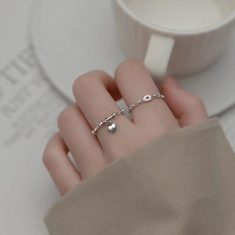 S925 Silver Retro Adjustable Geometric Heart Ring for Women: Japanese-Korean Style with Light Bead Accent