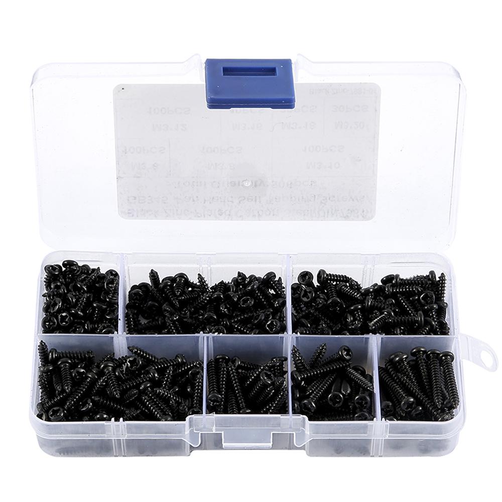 500Pcs M3 Screw Set 6/8/10/12/16/18/20mm Carbon Steel Cross Pan Head Self Tapping Screws Drilling Wood Screw Assortment Kit