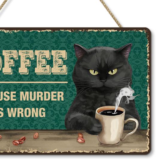 Retro Cat Coffee Wall Sign Funny Black Cat Wall Art Poster Vintage Wood Hanging Sign for Kitchen Coffee Bar Home Decor