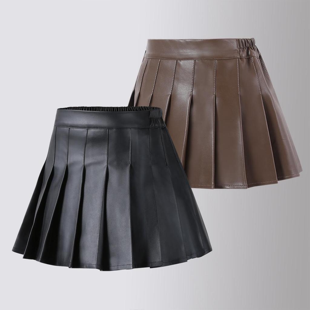 Girl's High-Waist Black PU Pleated A-Line Skirt with Pants for Autumn/Winter