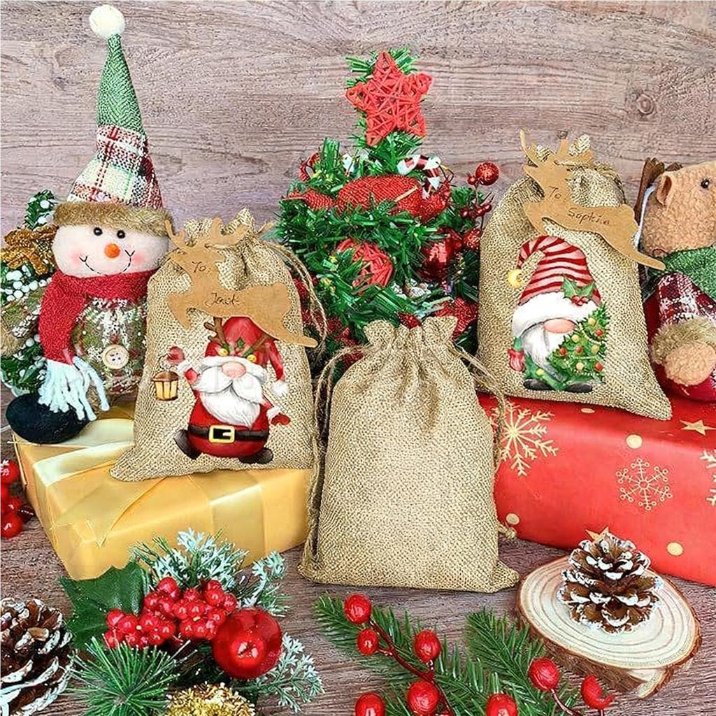 Christmas Candy Bags 12 Pieces Burlap Reusable Drawstring Decor Christmas Advent Bags for Halloween Thanksgiving Home Holiday
