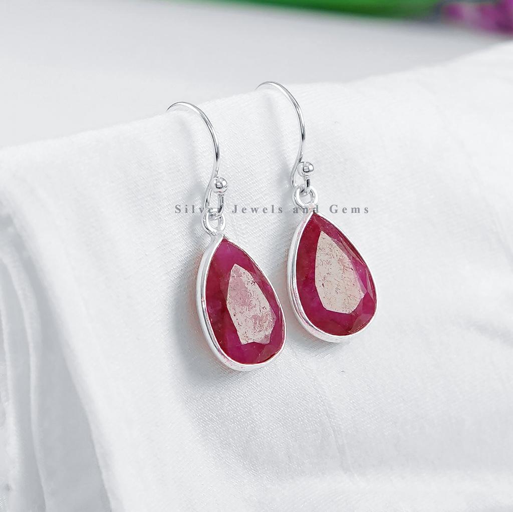 Red Ruby Earring, Teardrop Bezel Earring, 925 Sterling Silver Earring, Birthday Earrings, Light Weight Earrings, Handmade Earrings