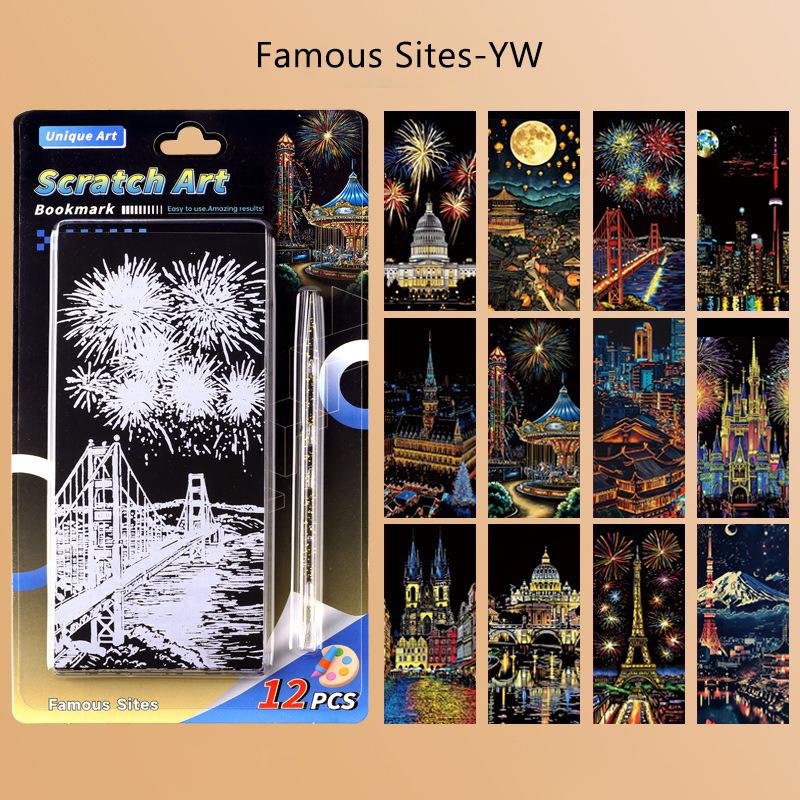 12 Stück/Set DIY Kratzbild Berühmte Architektonische Landschaften Animation Tier Kratzbild Manuelle Kratzzeichenspielzeuge Geschenke