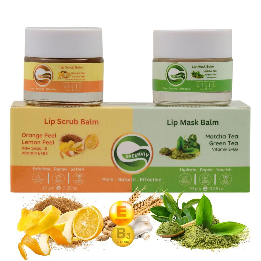 Greenviv Orange & Lemon Lip Scrub + Matcha & Green Tea Lip Mask for Dull & Dry Lips, Removes Dead Skin & Smoothens Lips | 20 g, Pack of 2
