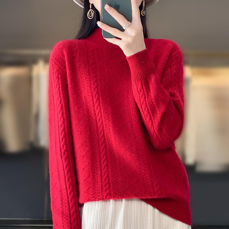 High Neck Vertical Stripe Jacquard Wool Sweater - Fashionable Cable Knit Cashmere Knitwear