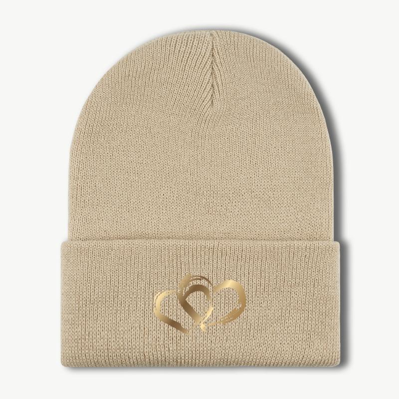 Golden DoubleHeart Print Knit Beanie Warm Soft Comfortable Stretchy Brimless Hat Elegant Luxe Fashionable Unisex FallWin