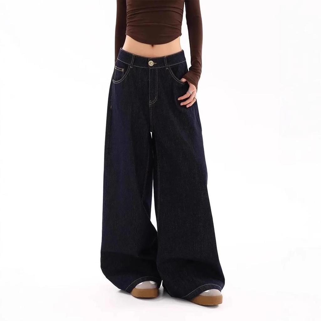 2025 Deep Blue High-Waisted Wide-Leg Denim Pants - Trendy, Slimming, Loose Fit, Ideal for Early Spring