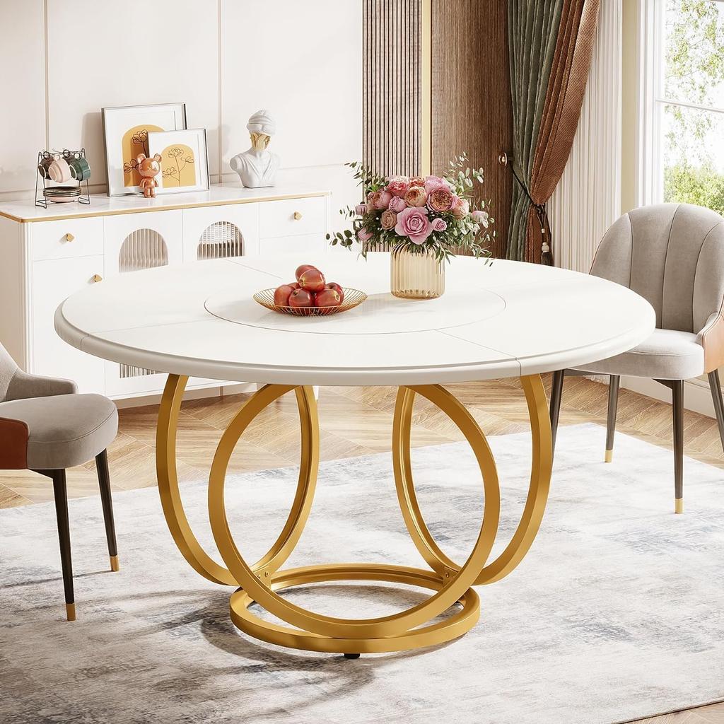 Round Dining Table, Modern 120 Cm Kitchen Table for 4-6 People, Coffee Table, Side Table with 2 Levels and Metal Frame