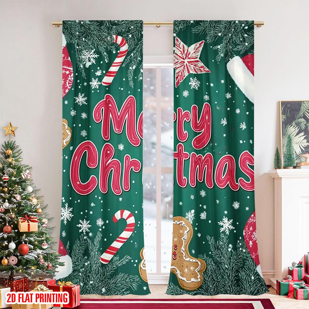 Flachdruck Frohe Weihnachten Vorhänge Lebkuchen Schneeflocke Polyester Ohne Strom Feiertagsdekorationen Perfektes Set aus 2 Stück Hergestellt