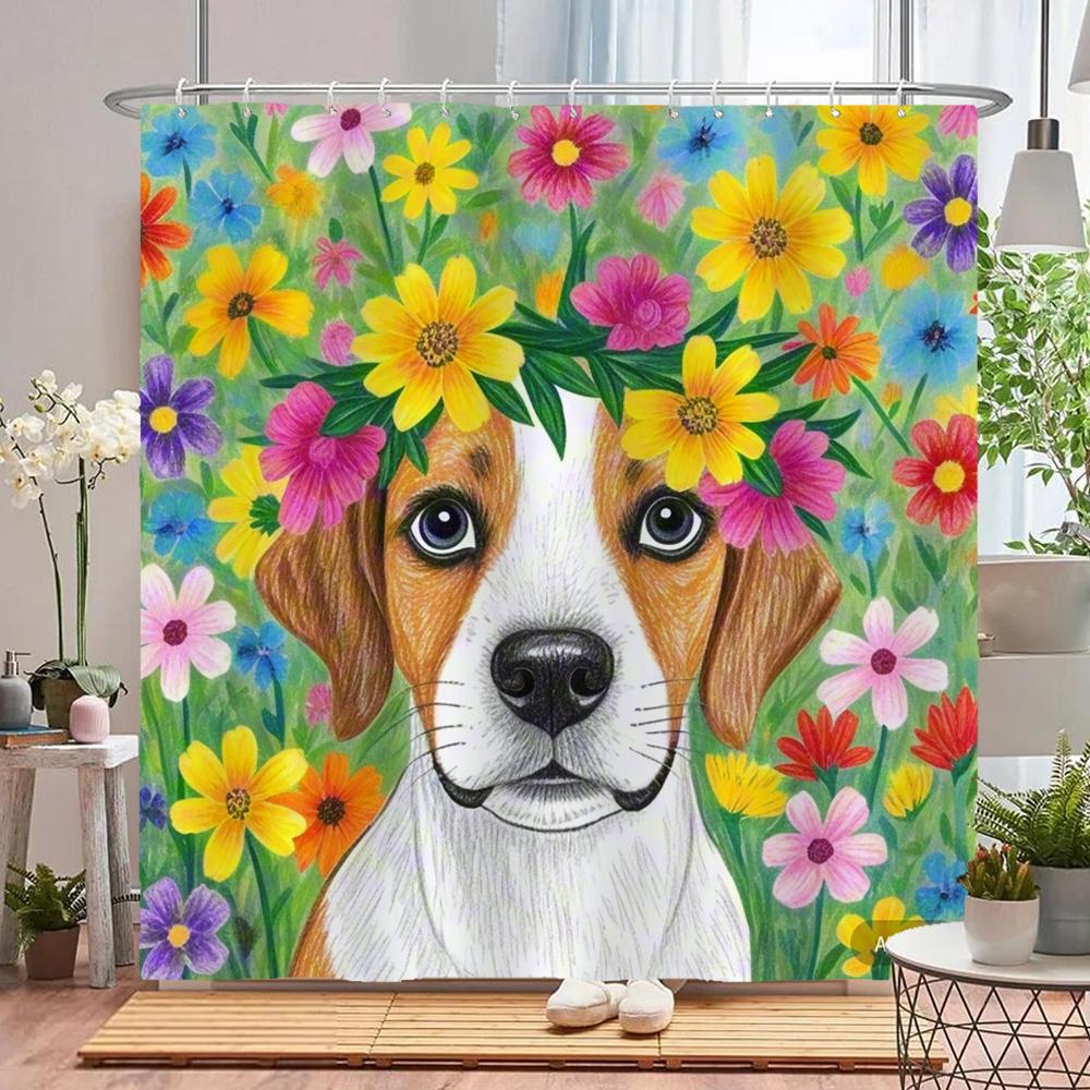 watercolor flowers and plants dog animal shower curtain Print polyester waterproof bathroom curtains with hook decorate curtain