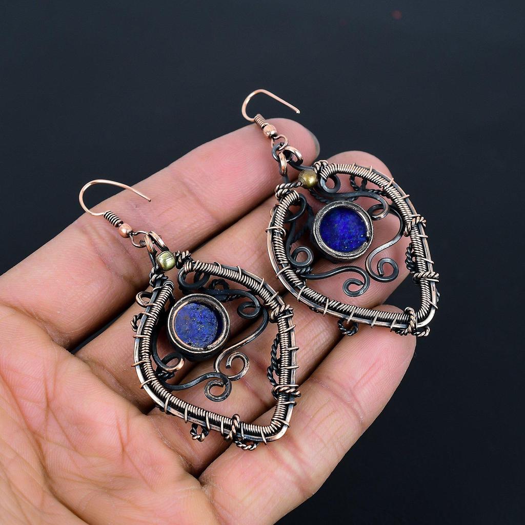 Lapis Lazuli 999 Copper Wire Wrapped Earrings, Handmade Gemstone Earrings Jewelry, Gifts For Wife Brand New Earrings