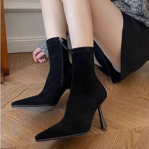 High-heeled short boots woautumn winter thin-heeled medium-tube thin boots small square head thin temperament suede elastic boots