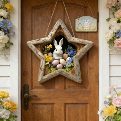Easter Wreath Bunny Sign Wooden Hanging Pendant Rustic Holiday Door Wall Decor for Home Garden Front Wall Fireplace Festive Party Decor