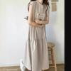 2025 Summer Sleeveless V-neck Linen Cotton Over-the-Knee Dress for Women - Solid Color, Simple Slit Design