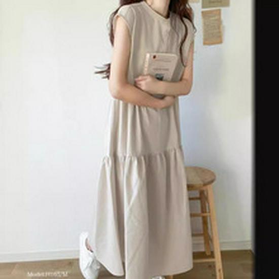 2025 Summer Sleeveless V-neck Linen Cotton Over-the-Knee Dress for Women - Solid Color, Simple Slit Design
