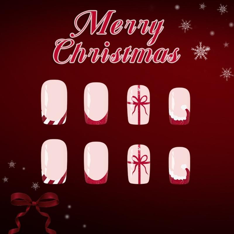24pieces Christmas French Glitters Red Press On Nail Short Square False Nail With Shine Finish For Holiday Party Gift
