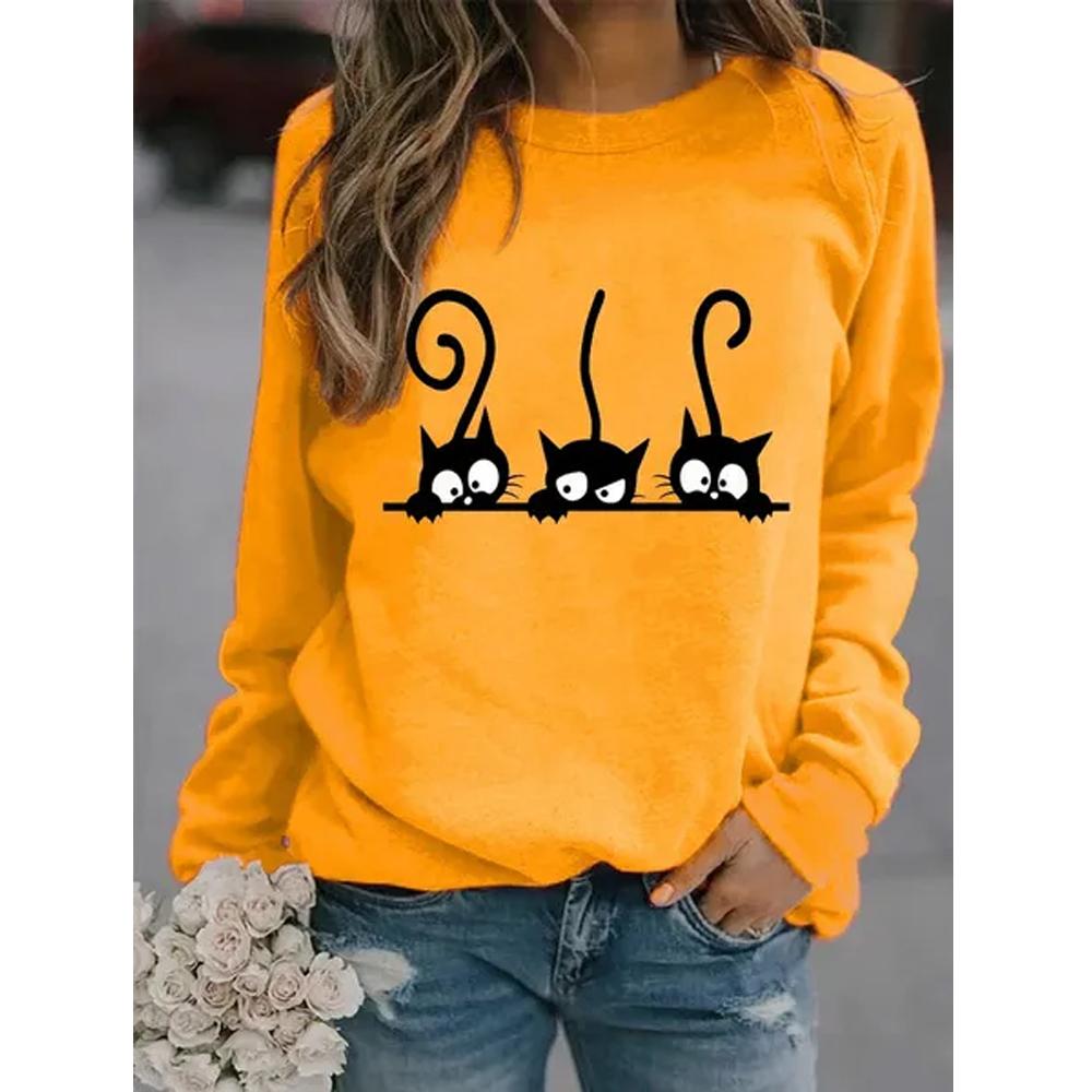 

Женские зимние новые модные повседневные свободные толстовки с длинными рукавами и круглым вырезом, черные кошки с принтом, топы и блузки, футболки больших размеров L