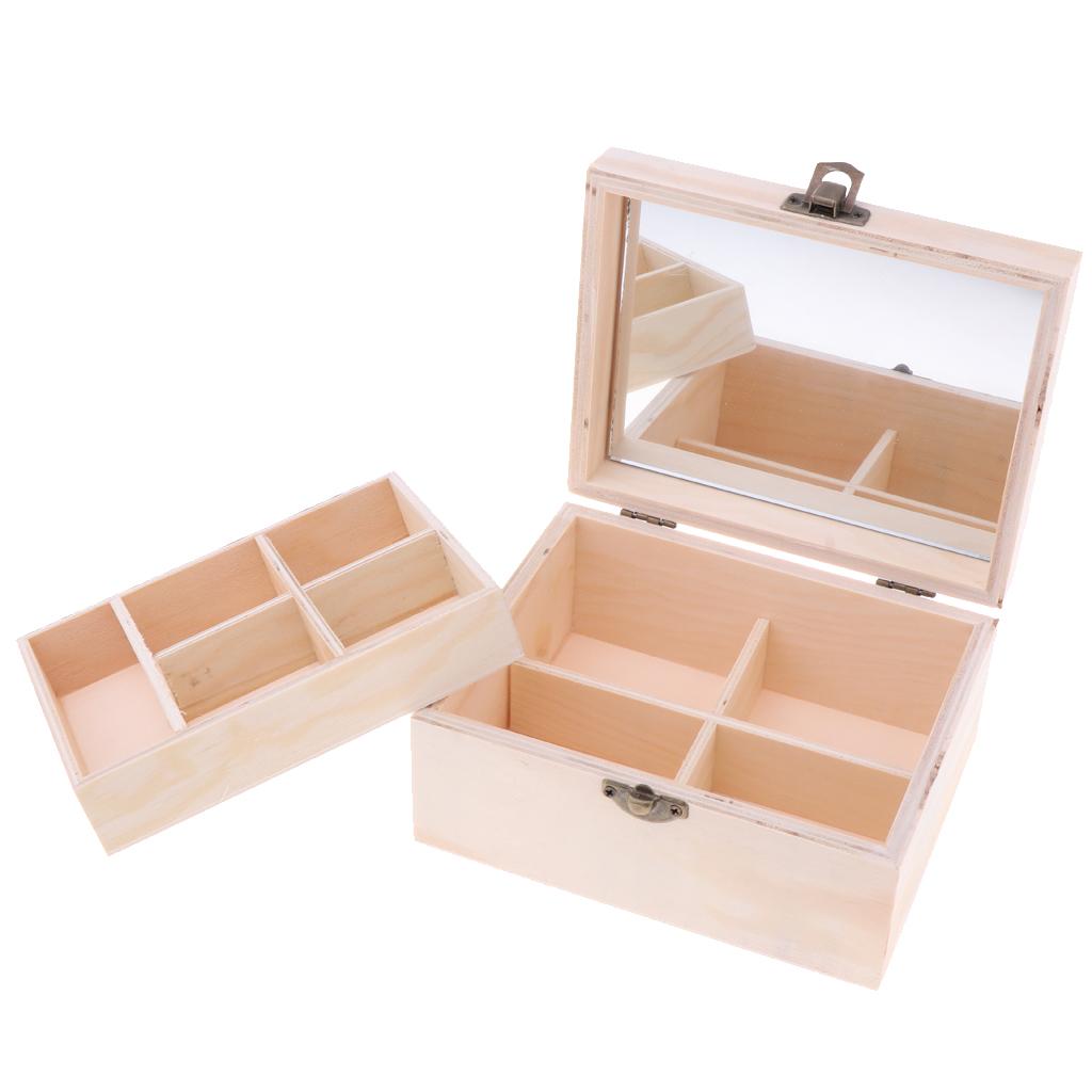 Wooden Jewelry Box Organizer Storage Case with Mirror Double Deck for Craft and Keepsake Gift Ideas